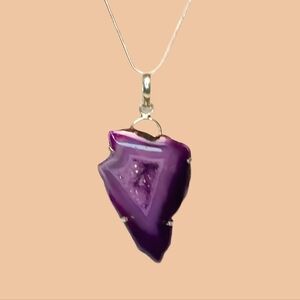 Purple Agate Geode Pendant Necklace Boho Gift